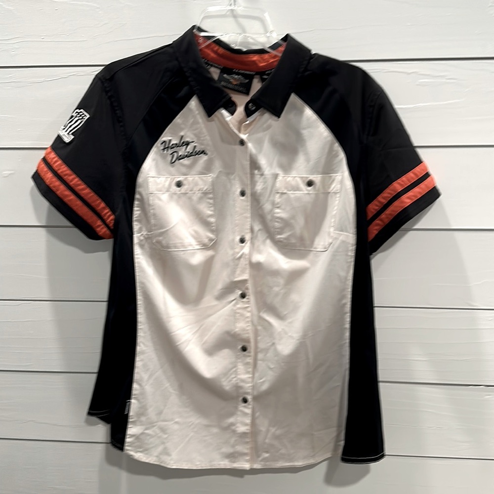 Harley-Davidson Women's Black & White Button-Down Shirt with Orange Accents